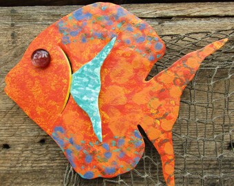 Tropical Fish Art Metal Wall Sculpture Sunfish Original beach House Coastal Wall Decor Orange Blue  Bathroom Art 7 x 9 READY TO SHIP