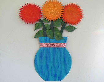 Flower Pot Wall Art Kitchen Flower Theme Upcycled Metal Sunflower Sculpture Vase Mom Gift   14 x 18 Turquoise cobalt blue READY TO SHIP