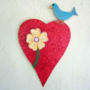Red Heart Metal Wall Sculpture Gallery Art Bird Flower Mom Gift Valentines 7 x 12 READY TO SHIP image 1