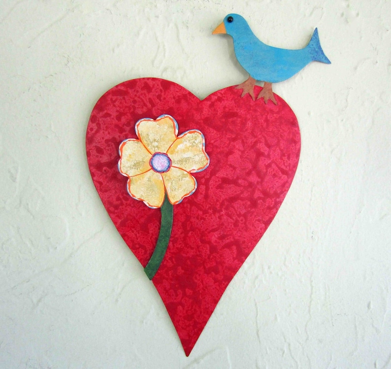 Red Heart Metal Wall Sculpture Gallery Art Bird Flower Mom Gift Valentines 7 x 12 READY TO SHIP image 1