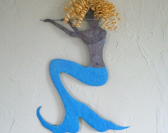 Mermaid Art Turquoise Blue Recycled Metal Wall Sculpture Flute Musician Collectable Mermaid 19 x 13