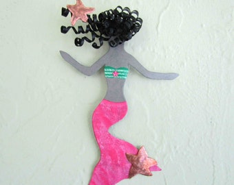 MERMAID ART "Ginger" Pink Green Wall Mermaid Decor Bathroom Art brides maid gift Nursery Art 6 x 7 ready to ship