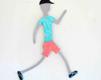 Runner Metal Wall Sculpture Recycled Steel Guy Moving Right Along Turquoise Coral Orange 17 x 13 READY TO SHIP