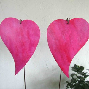 Pink hearts garden art stakes yard decor upcycled metal modern art valentine wedding anniversary gift for friend 6&quot; x 8&quot; Ready to Ship