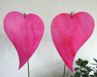 Pink Hearts Garden Art Stakes Yard Decor Recycled Metal Modern Art Valentine Wedding Anniversary Gift for Friend 6" x 8" Ready to Ship