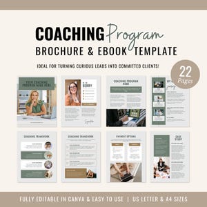 Könnte beinhalten: Eine Broschüren- und E-Book-Vorlage für ein Coaching-Programm. Das Design hat einen hellbeigen Hintergrund mit grünen und braunen Akzenten. Der Text enthält "COACHING Program BROCHURE & EBOOK TEMPLATE" und "22 Pages". Vollständig bearbeitbar in Canva und einfach zu bedienen.