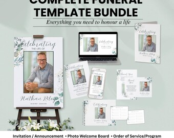 Complete Funeral Template Bundle | Invitation/Announcement, Order of Service Booklet, Photo Board, Guest Book, Slideshow, Thank You Card