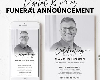 Funeral Announcement Template | Digital Memorial Evite, Electronic Phone Invitation Text Message Celebration of Life Canva Editable Template