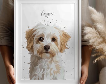 May include: A framed portrait of a dog with white and tan fur, named "Casper" in cursive script. The artwork features watercolor-style splatters and is held by a person.