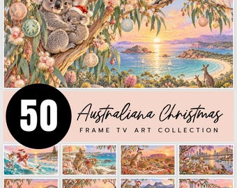 May include: A digital collection of 50 Australiana Christmas Frame TV art pieces featuring illustrations of koalas, kangaroos, and birds in festive settings. The main image shows a koala parent and joey in a eucalyptus tree with ornaments.