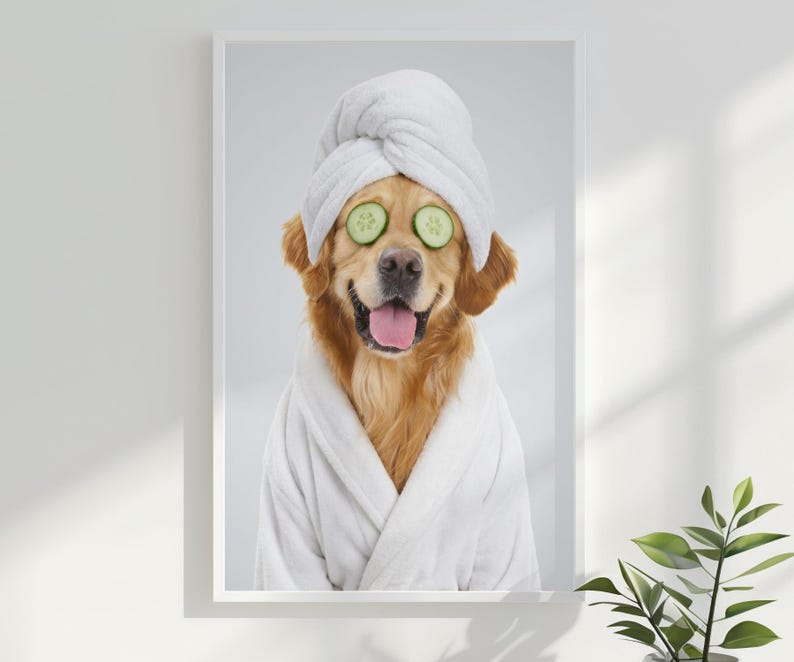 May include: A framed print featuring a Golden Retriever wearing a white spa robe and a matching towel on its head. The dog has cucumber slices over its eyes. The dog is smiling with its tongue out, creating a humorous and relaxing spa theme.