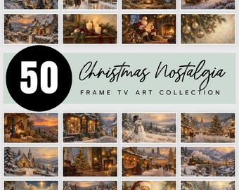 May include: A digital collection of 50 Christmas-themed landscape images for television displays, featuring snowy villages, nativity scenes, Santa Claus, decorated trees, and winter landscapes with the text 50 Christmas Nostalgia FRAME TV ART COLLECTION.