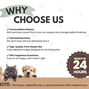 May include: A promotional graphic with the text "WHY CHOOSE US" above a list of benefits. The image includes three pets: a ginger cat, a gray kitten, and a puppy. The graphic also states "READY IN 24 HOURS".