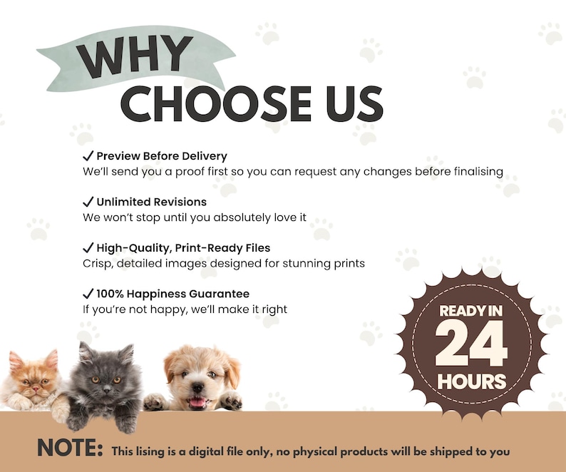 May include: A promotional graphic with the text "WHY CHOOSE US" above a list of benefits. The image includes three pets: a ginger cat, a gray kitten, and a puppy. The graphic also states "READY IN 24 HOURS".