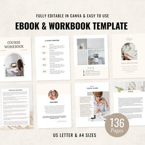 May include: An ebook and workbook template in beige and white. The template includes pages with text, images, and a 5-step process. The text includes "FULLY EDITABLE IN CANVA & EASY TO USE" and "US LETTER & A4 SIZES". The template has 136 pages.