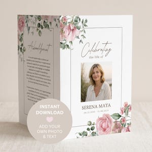 Könnte beinhalten: Eine gefaltete Trauerprogramm-Vorlage mit aquarellierten rosa Rosen und grünem Blattwerk. Die Vorderseite zeigt den Text Celebrating the life of, ein Platzhalterfoto, den Namen Serena Maya und die Daten 06.12.1949 - 15.06.2025. Die Seite zeigt Acknowledgement.