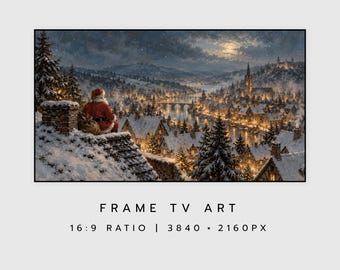May include: Digital Frame TV art featuring a snowy winter landscape with Santa Claus sitting on a rooftop overlooking a glowing village at night. The text reads FRAME TV ART 16:9 RATIO 3840 x 2160 PX. The scene includes pine trees and a river.