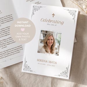 May include: A white funeral programme template featuring a gold cross icon, the text Celebrating the life of, a central square photo placeholder, and the name Serena Maya with dates 06.12.1949 - 15.06.2025, framed by grey decorative corner flourishes.