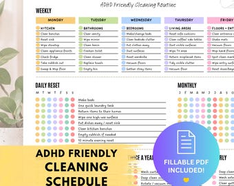 May include: A white paper cleaning schedule titled The Simple Home Reset with ADHD Friendly Cleaning Routine. It features weekly, daily, and monthly task lists with colorful bullet points, checkboxes, and a circular badge stating Fillable PDF Included.