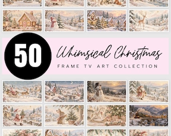 May include: A collection of 50 digital art prints for television screens featuring winter and Christmas scenes with Santa Claus, snowmen, reindeer, gingerbread houses, and festive ornaments, labeled 50 Whimsical Christmas Frame TV Art Collection.