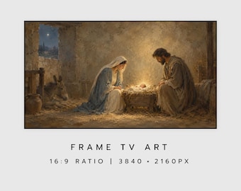 May include: Digital artwork for a television screen depicting a nativity scene with a person in a blue robe and a person in a brown robe kneeling beside a manger containing a baby. A donkey stands in the background of the stable.
