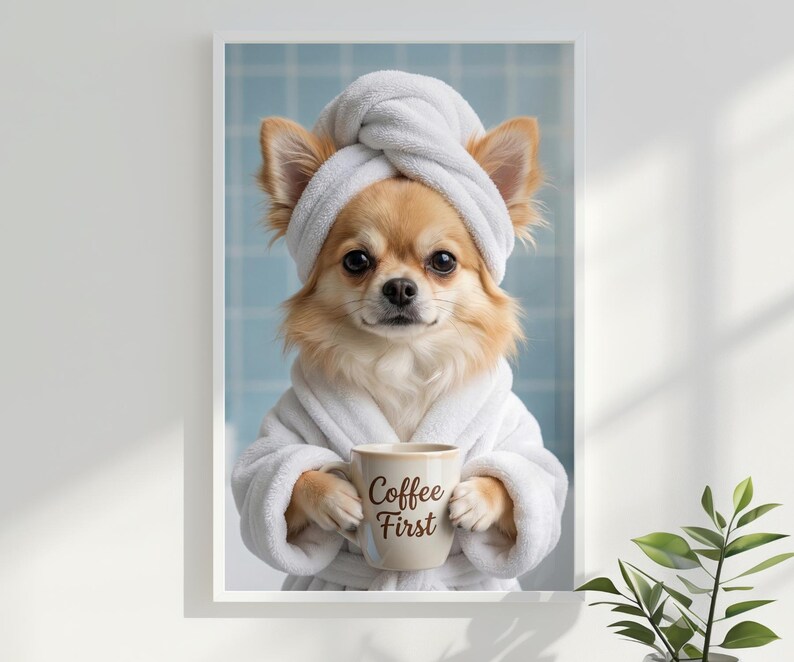 May include: A framed print featuring a Chihuahua wearing a white robe and towel, holding a mug that says "Coffee First." The dog has tan and white fur and is set against a light blue tiled background.