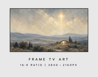 May include: A digital landscape painting depicting a nativity scene in a rural setting under a bright star. The text below reads: FRAME TV ART 16:9 RATIO | 3840 x 2160 PX. The scene features rolling hills, trees, and a small structure.
