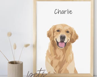 May include: A framed print featuring a golden retriever with the name "Charlie" above the dog's head. The dog is smiling with its tongue out. The word "pets" is written in cursive at the bottom of the frame.