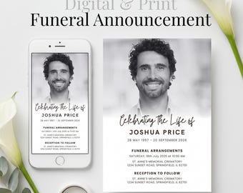 May include: A digital and print funeral announcement template featuring a black and white portrait of a man, the text Celebrating The Life of JOSHUA PRICE, dates 28 MAY 1957 - 20 SEPTEMBER 2026, and funeral arrangement details on a smartphone and card.