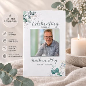 Puede incluir: Una plantilla de programa funerario con fondo blanco e ilustraciones de eucalipto verde, el texto "Celebrating THE LIFE OF", una foto de un hombre con camisa a cuadros y el nombre "Nathan Riley" con las fechas 28.05.1957 - 20.09.2025.