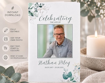 May include: A funeral program template featuring a white background with green eucalyptus illustrations, the text "Celebrating THE LIFE OF", a placeholder photo of a man in a checkered shirt, and the name "Nathan Riley" with dates 28.05.1957 - 20.09.2025.