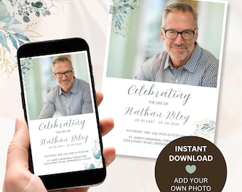 May include: A digital memorial card template featuring a photograph of a man in a checkered shirt, with the text Celebrating the life of Nathan Riley, 28.05.1957 - 20.09.2025, and event details, decorated with watercolor eucalyptus leaves.