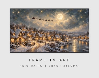May include: Digital wall art for a frame TV featuring a snowy village at night with glowing windows, a river, and a full moon. Santa Claus and reindeer fly across the starry sky. The text reads: FRAME TV ART 16:9 RATIO 3840 x 2160 PX.