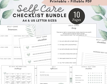May include: A printable and fillable 10-page self-care checklist bundle in A4 and US letter sizes. The document features various templates including a self-care quiz, daily reflection, 30-day affirmations challenge, and weekly checklists with black text on white paper.