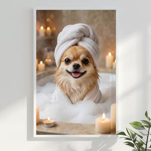 May include: A framed print featuring a small, light brown dog in a spa setting. The dog is wearing a white towel on its head and a white robe, surrounded by bubbles and lit candles, creating a relaxing atmosphere.
