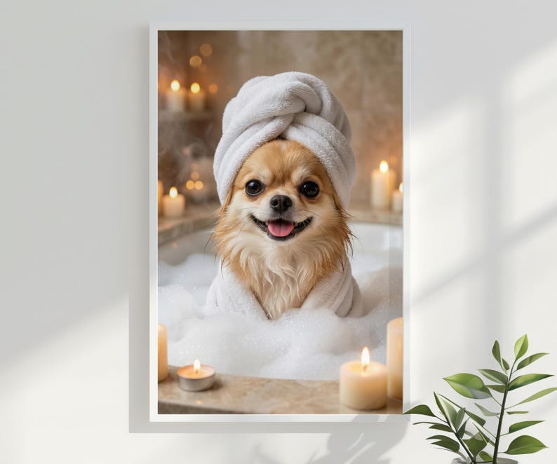 May include: A framed print featuring a small, light brown dog in a spa setting. The dog is wearing a white towel on its head and a white robe, surrounded by bubbles and lit candles, creating a relaxing atmosphere.