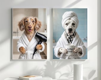 May include: Two framed prints featuring dogs in humorous scenarios. One print shows a dachshund in a white robe holding a black hairdryer. The other print depicts a Dalmatian in a white robe and towel, holding a mug that says "Coffee First."