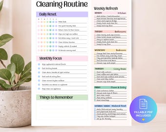 May include: A white cleaning routine checklist printed on paper with sections titled Daily Reset, Weekly Refresh, Monthly Focus, and Things to Remember. The document features colorful headers and bullet points for tasks, with a blue circular badge stating Fillable PDF Included.