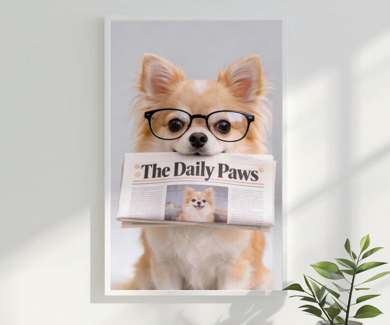 May include: A framed print featuring a light brown Chihuahua wearing black-rimmed glasses and holding a newspaper titled "The Daily Paws." The newspaper displays a photo of the same dog. The dog is the focal point.