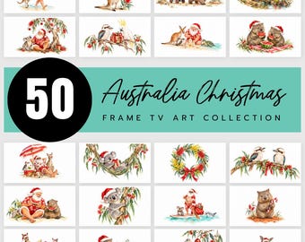May include: A digital collection of 50 Australia Christmas Frame TV art images featuring watercolor illustrations of Santa Claus, kangaroos, koalas, wombats, and kookaburras in festive settings with eucalyptus branches and red bows.