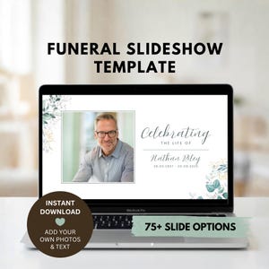 May include: A laptop screen displaying a funeral slideshow template with a white background, eucalyptus leaf illustrations, and the text Celebrating the life of Nathan Riley 28.05.1957 - 20.09.2025. A dark circle overlay reads Instant Download.