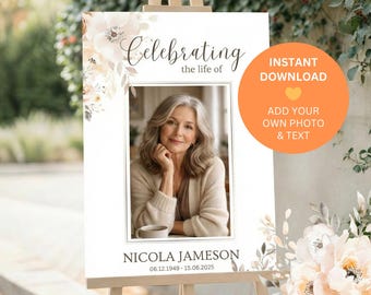 Floral Funeral Photo Board | Memorial Welcome Sign | Editable Canva Template | Photo Tribute | Instant Download
