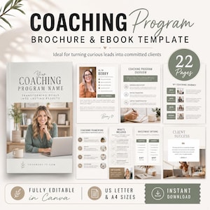 Peut inclure: Un modèle numérique de brochure et d'ebook pour programme de coaching comprenant 22 pages au format A4. La mise en page inclut une page de couverture, une biographie, un aperçu du programme, un parcours, un cadre et des témoignages clients.