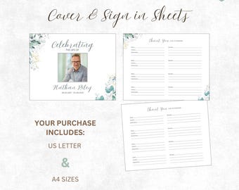 May include: A memorial service guest book set featuring a cover page with a photo placeholder, the text Celebrating the life of Nathan Riley, and two sign-in sheets with Thank You for attending headers, eucalyptus leaf accents, and US Letter and A4 sizes.