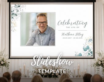 May include: A digital slideshow template for a memorial service featuring a white background with watercolor eucalyptus leaves. The text reads Celebrating the life of Nathan Riley 28.05.1957 - 20.09.2025, with a central photo frame for a portrait.