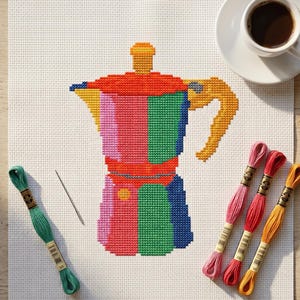 Korsstygnsmönster för kaffekokare, direkt PDF-nedladdning, nybörjarvänligt, espressomaskinkök, räknat korsstygn för kaffeälskare
