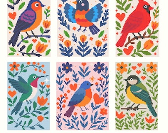 Può includere: Sei schemi a punto croce con uccelli colorati e motivi floreali. Ogni schema presenta una diversa specie di uccello, circondata da foglie, fiori e cuori. Il testo "THREADED TWEETS: FOLK BIRD SERIES" e "6 CROSS STITCH PATTERNS" è visibile.