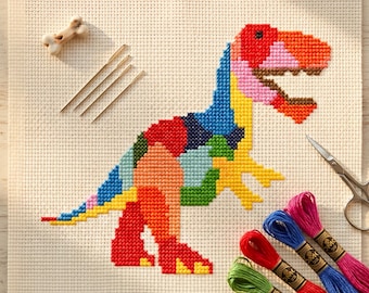T-Rex Dinosaur Cross Stitch Pattern, Instant PDF download, Beginner Friendly Counted Cross Stitch, Dinosaur Embroidery, Kids Cross Stitch