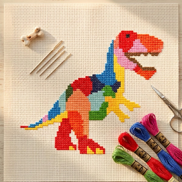 T-Rex Dinosaur Cross Stitch Pattern, Instant PDF download, Beginner Friendly Counted Cross Stitch, Dinosaur Embroidery, Kids Cross Stitch