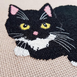 May include: A cross-stitch embroidery of a black cat with yellow eyes, a pink nose, and white markings on its chest and paws. The cat is stitched onto a light beige fabric background, featuring detailed white whiskers and pink inner ears.